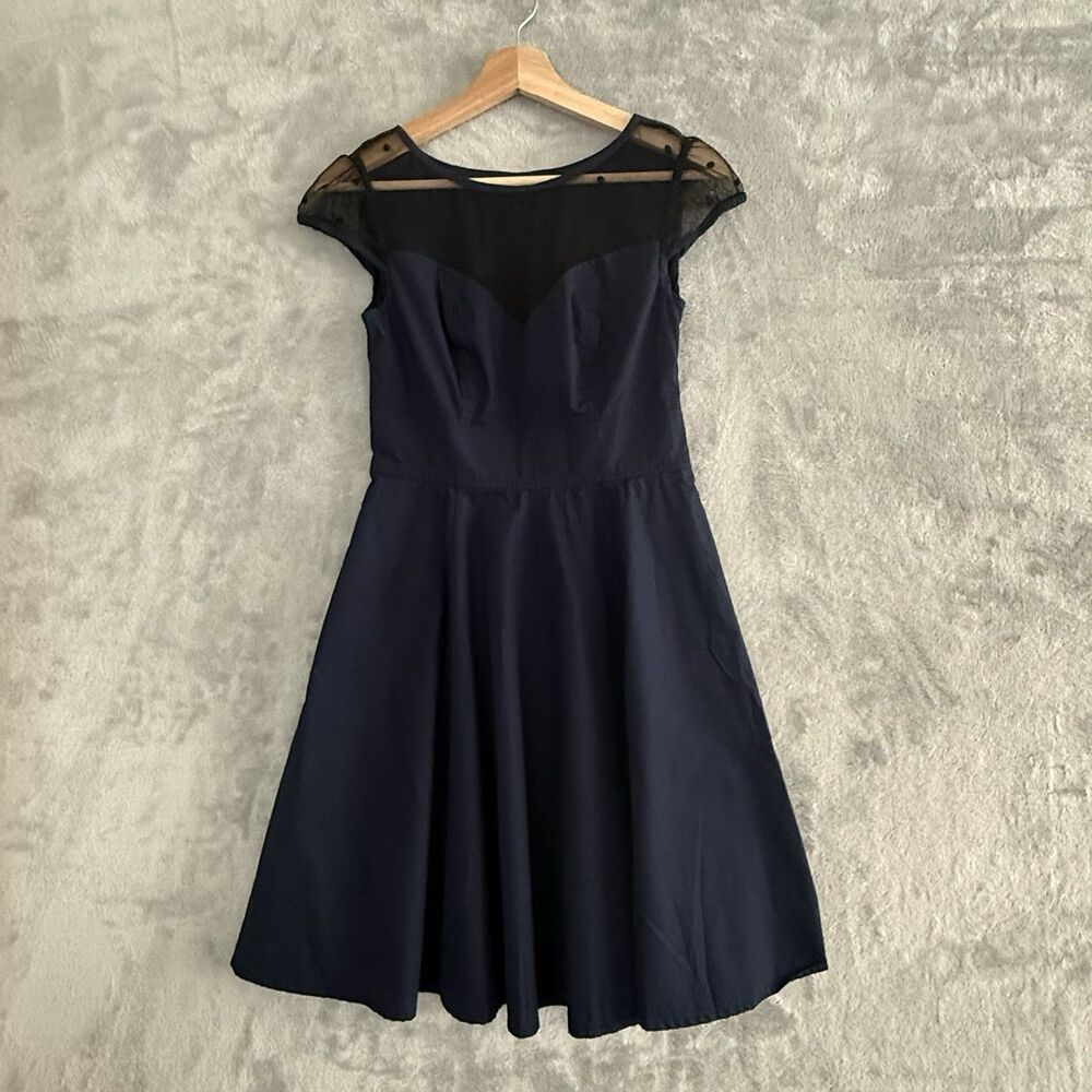 eShakti Dress Womens 4 Navy 1950s Retro Fit Flare Mesh Sweetheart Pockets